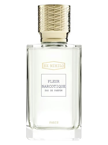 Elegant Ex Nihilo Fleur Narcotique EDP bottle with gold cap and minimalistic white label on transparent flacon, showcased frontally for clarity.